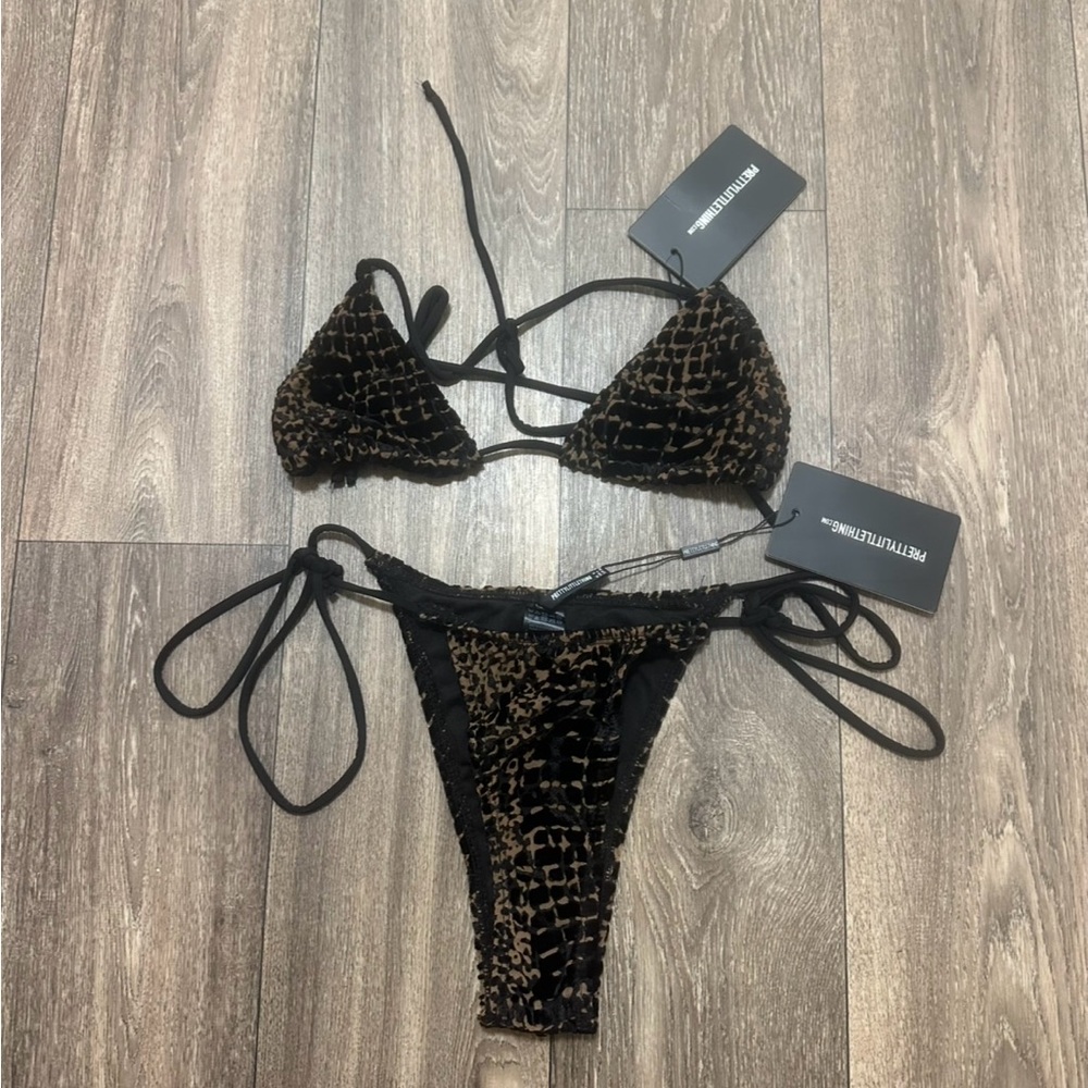 PrettyLittleThing Black and Brown Textured Bikini